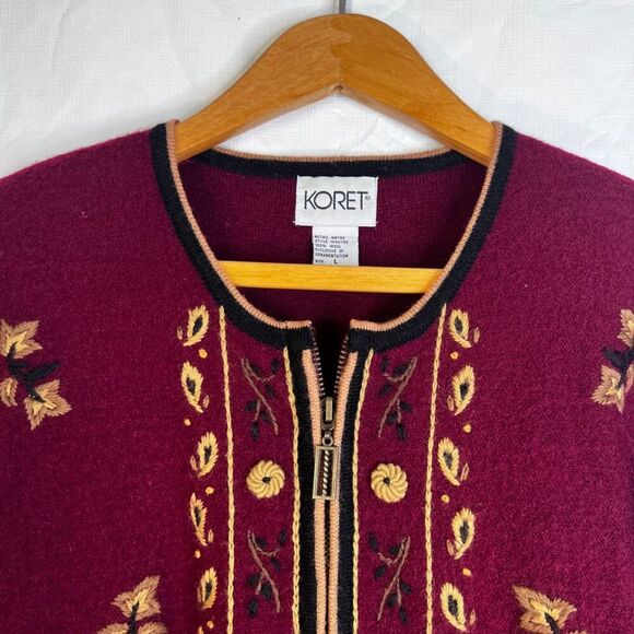 Koret Vintage 100% Wool Embroidered Full Zip Fall Sweater Sz Large Thanksgiving - Picture 4 of 8